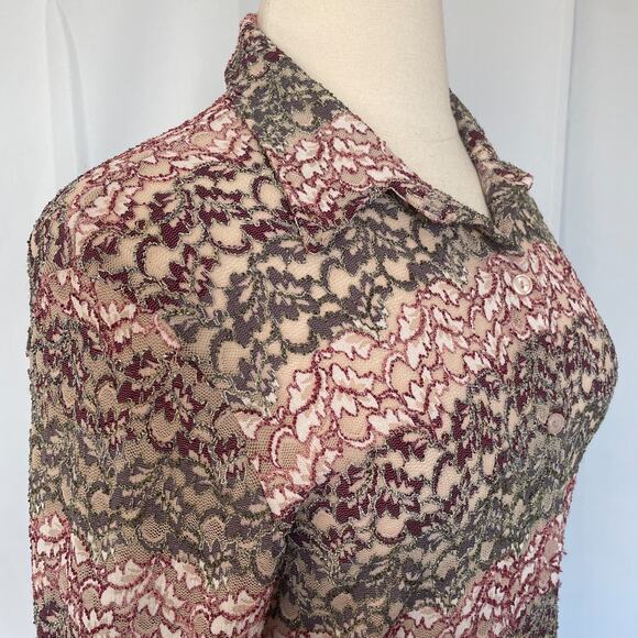 Y2K Top Womens Size XL Pink Striped Sheer Lace Stretch Fairy Whimsigoth Coquette - Picture 4 of 11